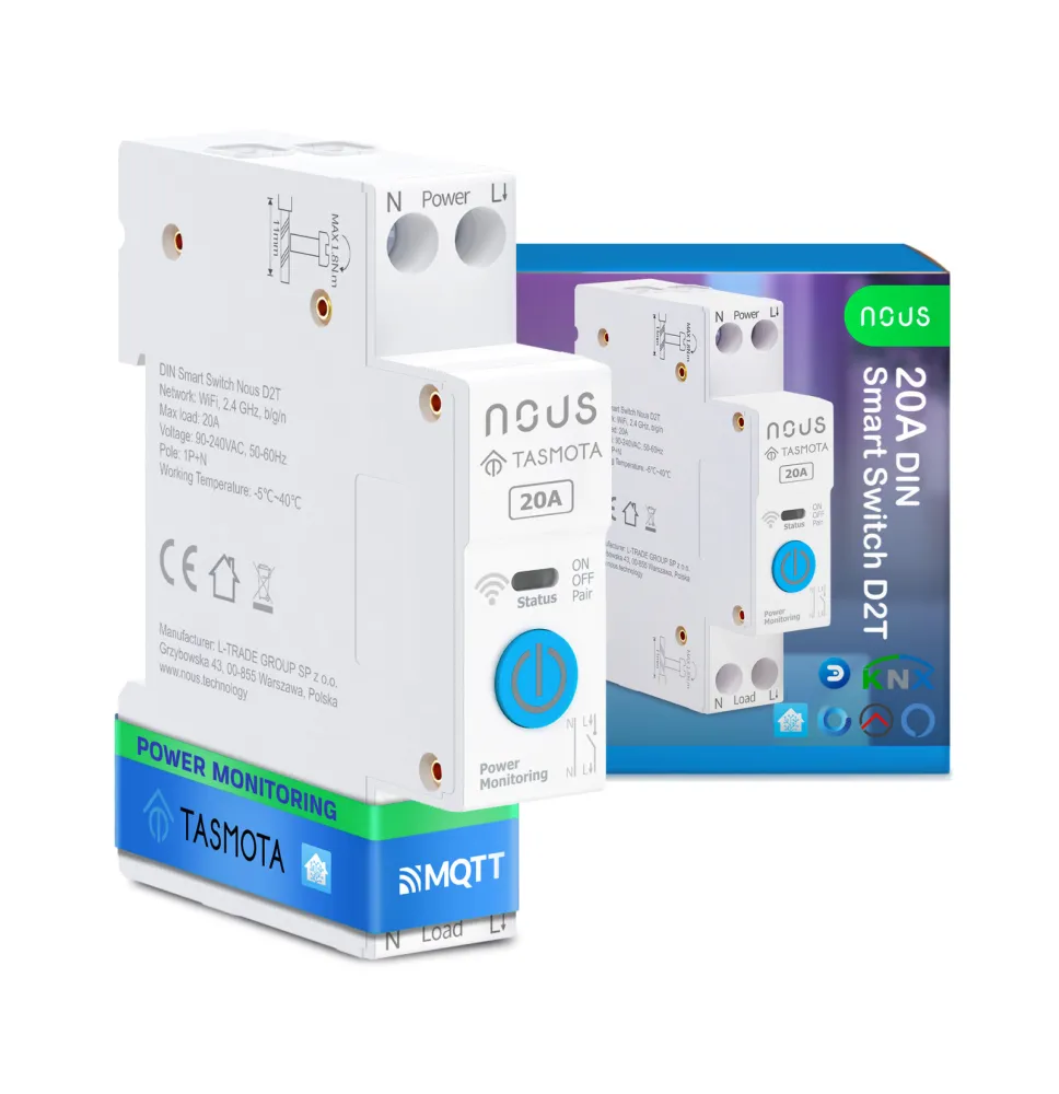 Siguranta inteligenta Nous D2T, 20A, Tasmota,  1 canal, Monitorizare energie, montare pe sina DIN, ESP32